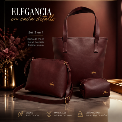 TRÍO DE BOLSOS VÉLEZ CUERO LEGÍTIMO - 60% DE DESCUENTO